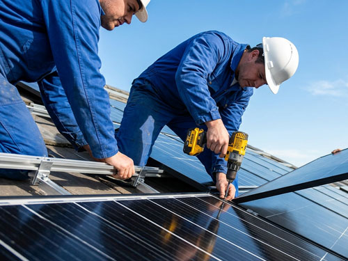 Nahaufnahme moderner Photovoltaik-Zellen in Steinbach